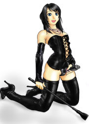 Rule 34 | 1girl, bare shoulders, black corset, black footwear, black hair, black thighhighs, boots, corset, dildo, female focus, gankisuki, gradient background, green eyes, kneeling, open mouth, sex toy, simple background, sleeveless, smile, solo, strap-on, thighhighs