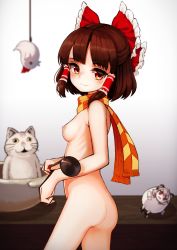 Rule 34 | 2girls, :3, absurdres, ass, bad id, bad twitter id, benikurage (cookie), bird, blurry, blurry background, bow, breasts, brown hair, cat, chicken, cookie (touhou), cooking, cowboy shot, egg, hair bow, hair tubes, hakurei reimu, highres, holding, holding ladle, in container, ladle, looking at viewer, looking to the side, medium breasts, miura cat, multiple girls, naked scarf, nazrin, nipples, nude, nudist, nyon (cookie), red bow, red eyes, scarf, shoumi kigen, sidelocks, small breasts, smile, touhou, what