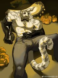 Rule 34 | 1boy, abs, absurdres, alternate costume, animal ears, arknights, bara, between legs, black bow, black bowtie, bow, bowtie, bulge, chest tuft, elbow gloves, facial hair, fang, fang out, feet out of frame, from above, furry, furry male, gloves, goatee, halloween, hat, highres, jack-o&#039;-lantern, large hands, large hat, large pectorals, latex, latex gloves, male focus, mountain (arknights), muscular, muscular male, nipples, pants, pectorals, scar, scar across eye, scar on arm, short hair, solo, stomach, tail, tail between legs, thick eyebrows, thick thighs, thighs, tiger boy, tiger ears, topless male, white hair, witch hat, yingou li de wenyi zhi yuan