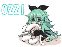 Rule 34 | 1girl, aqua eyes, aqua hair, bow, chibi, commentary request, dated, detached sleeves, hugging doll, hair between eyes, hair bow, highres, kantai collection, long hair, hugging object, pantyhose, pleated skirt, ponytail, rabbit, sitting, skirt, sleeves past wrists, stuffed animal, stuffed toy, white background, yamakaze (kancolle)