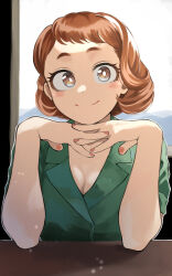 Rule 34 | 1girl, absurdres, boku no hero academia, breasts, brown eyes, brown hair, cleavage, closed mouth, dress, elbows on table, fengling (furin-jp), green dress, highres, interlocked fingers, looking at viewer, official alternate costume, official alternate hairstyle, own hands together, pov across table, short hair, smile, solo, upper body, uraraka ochako