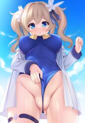 Rule 34 | 1girl, absurdres, alternate breast size, barbara (genshin impact), barbara (summertime sparkle) (genshin impact), blue eyes, blue one-piece swimsuit, blue sky, breasts, brown hair, cleft of venus, closed mouth, cloud, commentary, constricted pupils, covered erect nipples, covered navel, cowboy shot, curled fingers, dot nose, from below, frontal wedgie, genshin impact, gluteal fold, groin, hair between eyes, hair ornament, highres, kageira, legs apart, light blush, long sleeves, looking down, medium breasts, one-piece swimsuit, open clothes, open shirt, shiny skin, short twintails, sky, solo, swimsuit, thigh strap, thighs, twintails, wedgie, white sleeves