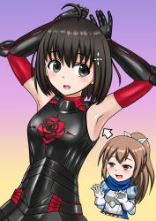Rule 34 | 2girls, ahoge, armor, armpits, arms up, arrow (projectile), black armor, black eyes, black hair, blush, breastplate, brown eyes, brown hair, commentary request, female pervert, floral print, gloves, gradient background, hair ornament, hair ribbon, highres, itai no wa iya nano de bougyoryoku ni kyokufuri shitai to omoimasu, long hair, looking at another, looking to the side, maple (bofuri), multiple girls, naughty face, open mouth, pervert, ribbon, rose print, sally (bofuri), scarf, simple background, tsumazu, upper body, vambraces, yuri