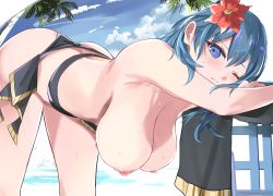 Rule 34 | 1girl, arm rest, ass, beach towel, bent over, blue eyes, blue hair, breasts, byleth (female) (fire emblem), byleth (fire emblem), cleavage, closed mouth, cloud, cloudy sky, fire emblem, fire emblem: three houses, flower, hair flower, hair ornament, hanging breasts, hibiscus, highres, large breasts, long hair, nintendo, nipples, one eye closed, palm tree, sky, solo, swimsuit, tomas (kaosu22), topfreedom, topless, towel, tree