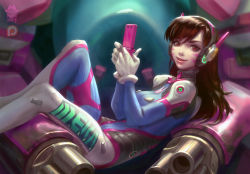 Rule 34 | 1girl, :d, acronym, anna nikonova, artist name, bodysuit, bracer, breasts, brown hair, clothes writing, d.va (overwatch), english text, facial mark, from side, gatling gun, gloves, gun, handheld game console, hands up, headphones, holding, image sample, knee up, lips, logo, long hair, looking at viewer, lying, mecha, medium breasts, meka (overwatch), newmilky, on back, open mouth, overwatch, overwatch 1, pale skin, patreon, playing games, realistic, red eyes, robot, robot ears, smile, solo, turtleneck, watermark, weapon, whisker markings