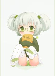 Rule 34 | 1girl, bad id, bad pixiv id, blush, book, child, covering own mouth, english text, feet, female focus, glasses, green eyes, green panties, hair bobbles, hair ornament, highres, loliswitch, original, panties, pantyshot, patterned legwear, polka dot, polka dot legwear, rollingswitch, sitting, skirt, sleeves past wrists, solo, sweater, thighhighs, twintails, underwear, upskirt, white hair, white thighhighs