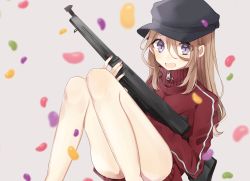 Rule 34 | 1girl, :d, ass, bad id, bad pixiv id, black hat, blurry, blurry foreground, brown background, brown hair, commentary request, convenient leg, depth of field, feet out of frame, fingernails, flat cap, gun, hachimitsu honey, hair between eyes, hat, highres, holding, holding gun, holding weapon, jacket, long hair, long sleeves, looking at viewer, nail polish, open mouth, original, pink nails, purple eyes, red jacket, simple background, sitting, smile, solo, track jacket, weapon, weapon request, zipper pull tab