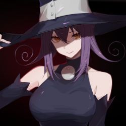 Rule 34 | 1girl, adjusting clothes, adjusting headwear, arm up, bare shoulders, black background, black dress, black hat, black sleeves, blair (soul eater), breasts, closed mouth, collarbone, detached sleeves, dress, eyelashes, fingernails, flipped hair, gradient background, hair between eyes, hand on headwear, hat, highres, looking at viewer, medium breasts, medium hair, nail polish, pink nails, purple hair, red background, rrr ato, sidelocks, simple background, smile, solo, soul eater, taut clothes, taut dress, turtleneck, turtleneck dress, upper body, witch, witch hat, yellow eyes