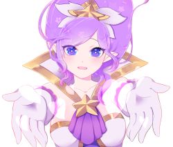 Rule 34 | 1girl, alternate costume, blue eyes, blush, elbow gloves, gloves, hair ornament, janna (league of legends), kuro-mu, league of legends, long hair, magical girl, open mouth, outstretched arms, pointy ears, purple hair, solo, star (symbol), star guardian (league of legends), star guardian janna
