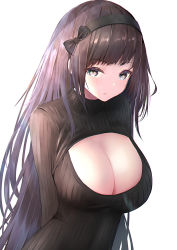 Rule 34 | 1girl, arms behind back, bad id, bad pixiv id, black bow, black eyes, black hair, black hairband, blunt bangs, blush, bow, breasts, cleavage, cleavage cutout, clothing cutout, commentary request, green eyes, hair bow, hairband, highres, large breasts, long hair, long sleeves, looking at viewer, meme attire, open-chest sweater, open mouth, original, ribbed sweater, sidelocks, simple background, solo, sweater, turtleneck, upper body, very long hair, white background, yk (pixiv43531291)