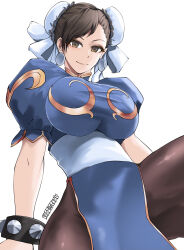 Rule 34 | 1girl, black hair, bracelet, breasts, capcom, china dress, chinese clothes, chun-li, double bun, dress, hair bun, highres, jewelry, large breasts, looking at viewer, short hair, simple background, sitting, smile, solo, spiked bracelet, spikes, street fighter, varbecrank, white background, yellow eyes