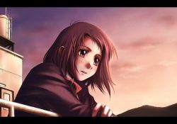 Rule 34 | bad id, bad pixiv id, letterboxed, nyaou, red eyes, red hair, rooftop, short hair, solo, sunset, tukisima