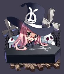 Rule 34 | 1girl, @ @, black dress, brick floor, chibi, coffee, cross, crucifix, dress, fence, glasses, hat, highres, hime cut, large hat, long glove, looking at viewer, pink hair, simple background, skull, skull ornament, smile, tagme, under night in-birth, uzuki (under night in-birth), yusano