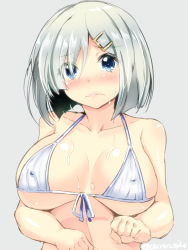 Rule 34 | 10s, 1girl, bikini, blue eyes, blush, breasts, covered erect nipples, female focus, gin&#039;ichi (akacia), hair ornament, hair over one eye, hairclip, hamakaze (kancolle), kantai collection, large breasts, looking at viewer, short hair, silver hair, simple background, solo, sweat, swimsuit, tears, white bikini