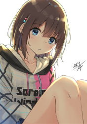 Rule 34 | 1girl, blue eyes, blush, brown hair, clothes writing, collarbone, commentary request, drawstring, grey hoodie, hair between eyes, hair ornament, hairclip, hood, hood down, hoodie, knees up, looking at viewer, miko fly, original, parted lips, signature, simple background, sitting, solo, white background