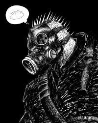 Rule 34 | 1boy, absurdres, caiman (dorohedoro), commentary, dorohedoro, dumpling, food, gas mask, highres, ibumuc, jiaozi, knife, male focus, mask, reptile boy, scales, solo, spikes, thought bubble, upper body