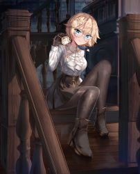 Rule 34 | 1girl, absurdres, alternate costume, alternate hair length, alternate hairstyle, black gloves, black pantyhose, black skirt, blonde hair, blue eyes, chain, commentary, dayshiart, english commentary, full body, glasses, gloves, hair ornament, highres, hololive, hololive english, key, long sleeves, looking at viewer, pantyhose, pocket watch, round eyewear, short hair, sitting, skirt, smile, solo, stairs, virtual youtuber, watch, watson amelia