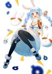 Rule 34 | 1girl, 4others, :d, animal ear fluff, animal ears, bare shoulders, black gloves, black leotard, black pantyhose, blue hair, braid, breasts, bridal garter, carrot, carrot hair ornament, cleavage, clothing cutout, coat, coat dress, creature, dadada, detached sleeves, don-chan (usada pekora), dress, floating, food-themed hair ornament, full body, fur-trimmed coat, fur-trimmed gloves, fur scarf, fur trim, gloves, hair ornament, highres, hikimayu, holding, holding carrot, hololive, legwear garter, leotard, leotard under clothes, long hair, mary janes, multicolored hair, multiple others, open mouth, orange eyes, pantyhose, pekomon (usada pekora), puffy short sleeves, puffy sleeves, rabbit, rabbit ears, red eyes, round teeth, scarf, shoes, short eyebrows, short sleeves, single legwear garter, small breasts, smile, solo focus, strapless, strapless coat, strapless dress, strapless leotard, swept bangs, teeth, twin braids, twintails, two-tone hair, underboob cutout, upper teeth only, usada pekora, usada pekora (1st costume), virtual youtuber, white background, white coat, white footwear, white hair, white scarf, white sleeves