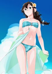 Rule 34 | 1girl, bare shoulders, bikini, black hair, blue sky, braid, breasts, closed mouth, cloud, collarbone, commentary request, day, flower, glasses, green eyes, hair between eyes, hair flower, hair ornament, hair ribbon, hairband, highres, kantai collection, long hair, looking at viewer, navel, ojipon, ooyodo (kancolle), outdoors, ribbon, semi-rimless eyewear, single braid, sky, small breasts, smile, solo, standing, swimsuit, thighs, under-rim eyewear