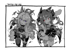 2girls ahoge animal_ears ascot bare_shoulders border breasts brooch clenched_teeth coat dated detached_sleeves dress ear_covers feet_out_of_frame gentildonna_(umamusume) gloves greyscale hair_rings horse_ears jewelry long_hair medium_breasts monochrome multiple_girls okachi orfevre_(umamusume) purple_eyes red_eyes running_towards_viewer sleeveless sleeveless_dress small_breasts spot_color sweat teeth thighhighs umamusume