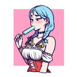 Rule 34 | 1girl, akairiot, bare shoulders, blue hair, blue nails, blush, braid, breasts, choker, cleavage, collarbone, cropped torso, dirndl, dress, ear piercing, food, food in mouth, from side, german clothes, handle, highres, iru may (akairiot), jitome, long hair, looking at food, medium breasts, nail polish, off-shoulder dress, off shoulder, original, piercing, popsicle, purple eyes, sexually suggestive, simple background, sketch, solo, twin braids, underbust, upper body