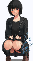 Rule 34 | 1girl, amagami, black cardigan, black hair, black one-piece swimsuit, black sailor collar, black skirt, blue sweater, blush, breasts, brown eyes, brown footwear, cardigan, clothes lift, collarbone, dated, dress shirt, highres, kibito high school uniform, knees together feet apart, lifted by self, light smile, loafers, long sleeves, looking at viewer, nanasaki ai, one-piece swimsuit, open cardigan, open clothes, pleated skirt, sailor collar, school uniform, shadow, shirt, shoes, short hair, signature, simple background, skirt, skirt lift, small breasts, smile, solo, squatting, sweater, swimsuit, swimsuit under clothes, twitter username, upskirt, white background, white shirt, yoo tenchi