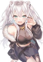 Rule 34 | 1girl, :d, ahoge, animal ears, aqua eyes, arm support, bare shoulders, black nails, blush, breasts, claw pose, cleavage, earrings, fur-trimmed jacket, fur trim, grey hair, hair between eyes, highres, hololive, jacket, jewelry, large breasts, lion ears, lion girl, long hair, looking at viewer, motsunuki, nail polish, necklace, open mouth, see-through, see-through cleavage, shirt, shishiro botan, shishiro botan (1st costume), sitting, smile, solo, virtual youtuber