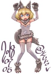 Rule 34 | 10s, 1girl, abaratani kurou, alternate costume, animal costume, animal ears, animal hands, arms up, bell, claw pose, collar, commentary request, dated, elbow gloves, fake animal ears, fang, full body, fur-trimmed leotard, fur collar, fur trim, girls und panzer, gloves, grey footwear, grey gloves, grey leotard, grey thighhighs, halloween costume, highres, katyusha (girls und panzer), leotard, looking at viewer, neck bell, one-hour drawing challenge, open mouth, partial commentary, paw gloves, paw shoes, shoes, short hair, simple background, smirk, solo, standing, strapless, strapless leotard, tail, thighhighs, twitter username, v-shaped eyebrows, werewolf, white background, wolf costume, wolf ears, wolf tail