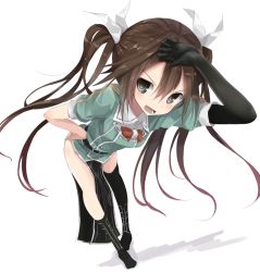 Rule 34 | 10s, 1girl, asymmetrical legwear, black gloves, black thighhighs, brown eyes, brown hair, doyagao, elbow gloves, foreshortening, gloves, green eyes, hair between eyes, hair ribbon, hand on own hip, kantai collection, leaning forward, long hair, nao (qqqbb), open mouth, pelvic curtain, remodel (kantai collection), ribbon, side slit, simple background, single elbow glove, single thighhigh, smile, smug, thighhighs, tone (kancolle), twintails, uneven legwear