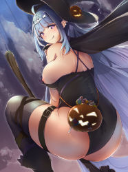 Rule 34 | 1girl, :p, ahoge, arm between legs, ass, back, black cape, black dress, black thighhighs, blue hair, blunt bangs, breast slip, breasts, broom, broom riding, candy, cape, circlet, closed mouth, curvy, dermar, dress, floating cape, food, halloween, hat, highres, jack-o&#039;-lantern, large breasts, licking lips, lollipop, long hair, looking at viewer, looking back, mixed-language commentary, night, nipple stimulation, nipple tweak, nipples, original, pumpkin, purple eyes, shoulder blades, sideboob, signature, smile, solo, squatting, thick thighs, thighhighs, thighs, tongue, tongue out, very long hair, witch, witch hat