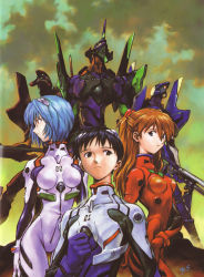 Rule 34 | 1boy, 2girls, absurdres, arm behind back, ayanami rei, black eyes, black hair, blue eyes, blue hair, bodysuit, bracer, breasts, brown eyes, brown hair, clenched hand, cloud, cloudy sky, cowboy shot, eva 00, eva 01, eva 02, expressionless, from side, gloves, gun, hair between eyes, hair ornament, hand on own thigh, highres, holding, holding weapon, ikari shinji, interface headset, light smile, looking at viewer, looking to the side, mecha, multiple girls, neon genesis evangelion, neon genesis evangelion (manga), official art, outdoors, pilot suit, plugsuit, profile, red eyes, red hair, robot, sadamoto yoshiyuki, scan, short hair, signature, skinny, sky, small breasts, smile, souryuu asuka langley, thigh gap, turtleneck, twintails, two side up, upper body, weapon