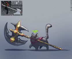 Rule 34 | absurdres, animal, animal focus, axe, black cat, cape, cat, english text, grey background, highres, mouth hold, multiple views, neytirix, no humans, original, red cape, weapon