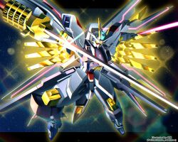 Rule 34 | beam saber, commentary request, dual wielding, energy sword, english text, gundam, gundam seed, gundam seed destiny, gundam seed freedom, highres, holding, holding sword, holding weapon, katana, light particles, looking at viewer, mecha, mighty strike freedom gundam, no humans, revision, robo robotarou, robot, science fiction, solo, sparkle, strike freedom gundam, sword, twitter username, v-fin, weapon, yellow eyes