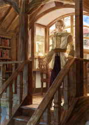 Rule 34 | 1boy, book, bookshelf, chair, circlet, day, highres, hood, hood down, indoors, long sleeves, looking at viewer, male focus, map (object), panmijin99, pixiv fantasia, pixiv fantasia scepter of zeraldia, red eyes, sekri iniat, solo, stairs, standing, window