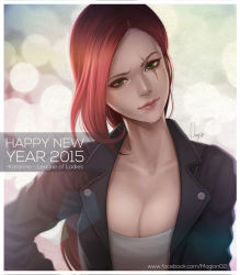Rule 34 | 10s, 1girl, 2015, artist name, blurry, bokeh, breasts, character name, cleavage, closed mouth, collarbone, depth of field, facebook username, green eyes, happy new year, head tilt, katarina (league of legends), large breasts, league of legends, lips, long hair, looking at viewer, magion02, new year, nose, parted bangs, red hair, scar, scar across eye, scar on face, signature, solo, upper body, watermark, web address