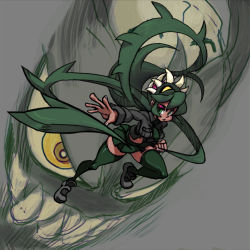 Rule 34 | 1girl, alex ahad, angry, breast pocket, breasts, clone, dark persona, extra mouth, eyeshadow, female focus, fighting stance, foreshortening, frown, fukua (skullgirls), futakuchi-onna, green eyes, green hair, green lips, green thighhighs, impossible clothes, impossible shirt, lipstick, loafers, long hair, looking at viewer, makeup, matching hair/eyes, miniskirt, navel, necktie, no pupils, official art, parasite, pocket, prehensile hair, school uniform, shamone (skullgirls), sharp teeth, shirt, shoes, skirt, skullgirls, solo, teeth, thick thighs, thighhighs, thighs, very long hair, wrist cuffs, yellow eyes, zettai ryouiki