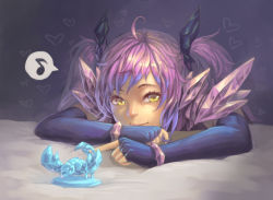 Rule 34 | 1girl, ahoge, arthropod girl, borrowed character, bracelet, closed mouth, crystal, elbow gloves, female focus, figure, fingerless gloves, gloves, hair ornament, jewelry, league of legends, long hair, looking at viewer, music, musical note, personification, pink hair, scorpion, scotishfold, skarner, smile, solo, twintails, yellow eyes