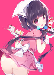 Rule 34 | 1girl, apron, ass, black hair, blend s, blush, chikuwa., coffee cup, commentary request, cup, disposable cup, food, frilled apron, frills, hair ornament, head scarf, holding, holding tray, long hair, looking at viewer, looking back, low twintails, no panties, open mouth, parfait, pink background, pink eyes, pink shirt, pink skirt, pleated skirt, sakuranomiya maika, sandwich, shirt, simple background, skirt, solo, stile uniform, thighhighs, tray, twintails, uniform, very long hair, waist apron, waitress, white apron, white thighhighs