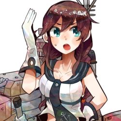 Rule 34 | 10s, 1girl, bad id, bad twitter id, blouse, braid, breasts, brown hair, cannon, gloves, green eyes, itomugi-kun, kantai collection, large breasts, long hair, navel, noshiro (kancolle), open mouth, radar, shirt, solo, turret, twin braids, white gloves