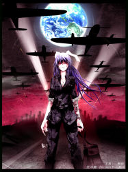 Rule 34 | 1girl, aircraft, airplane, alternate costume, animal ears, bandages, blood, border, rabbit ears, contemporary, dog tags, earth (planet), female focus, highres, injury, maeda kousuke, purple hair, reisen udongein inaba, sleeves rolled up, solo, touhou