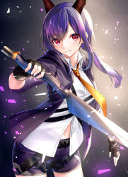 Rule 34 | 1girl, absurdres, arknights, black gloves, brown necktie, ch&#039;en (arknights), commentary request, fingerless gloves, foreshortening, gloves, hair between eyes, highres, holding, holding sword, holding weapon, horns, jacket, long hair, looking at viewer, low ponytail, navel, necktie, open clothes, open jacket, parted lips, ponytail, purple hair, purple jacket, purple shorts, red eyes, rukinya (nyanko mogumogu), shirt, short shorts, shorts, sidelocks, smile, solo, sword, weapon, white shirt
