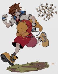 Rule 34 | 2boys, bear, bee, blue eyes, brown hair, bug, carrying, chain, disney, eating, fingerless gloves, gloves, grey background, highres, honey, hood, hooded jacket, bug, jacket, jewelry, kingdom hearts, multiple boys, necklace, oimo (oimkimn), pooh, red shorts, running, short sleeves, shorts, sora (kingdom hearts), sweat, symbol-only commentary, white gloves, white jacket, winnie the pooh