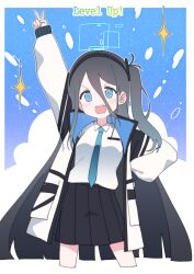 Rule 34 | 1girl, absurdly long hair, absurdres, aris (blue archive), arm up, black hair, black hairband, black skirt, blue archive, blue background, blue eyes, blush, border, collared shirt, hairband, highres, jacket, level up, long hair, long sleeves, luke (dydansgur), multicolored clothes, multicolored jacket, one side up, open mouth, pleated skirt, shirt, skirt, solo, sparkle, v, very long hair, white border, white shirt