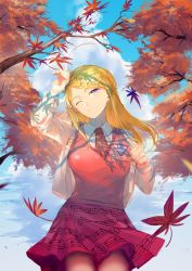 Rule 34 | 1girl, ;), absurdres, ahoge, akamatsu kaede, arm up, autumn, autumn leaves, backpack, bag, blonde hair, breasts, closed mouth, cloud, collared shirt, danganronpa (series), danganronpa v3: killing harmony, day, falling leaves, fortissimo, from below, hair ornament, highres, holding strap, large breasts, leaf, light smile, long hair, long sleeves, musical note, musical note hair ornament, necktie, one eye closed, outdoors, pink vest, pleated skirt, purple eyes, qianhai, randoseru, school uniform, shirt, skirt, smile, solo, sweater vest, vest
