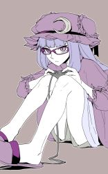 Rule 34 | 1girl, bespectacled, controller, crescent, flat color, game controller, gamepad, glasses, grey background, hat, long hair, nightgown, patchouli knowledge, playing games, purple-framed eyewear, purple eyes, purple hair, shorts, simple background, sitting, slippers, slit pupils, solo, thupoppo, touhou