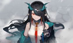 Rule 34 | 1girl, arknights, bare shoulders, black coat, black hair, blue hair, breasts, coat, dress, dusk (arknights), grey background, hair over one eye, horns, huanxiang heitu, long hair, looking at viewer, multicolored hair, off shoulder, official art, open clothes, open coat, orange eyes, pointy ears, red neckwear, sleeveless, sleeveless dress, small breasts, solo, streaked hair, upper body, white dress