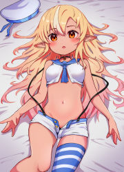 Rule 34 | 1girl, blonde hair, breasts, dark-skinned female, dark skin, gradient hair, hat, highres, hololive, long hair, looking at viewer, lying, midriff, multicolored hair, navel, on back, open fly, orange eyes, pink hair, pointy ears, sasaki (glass1138), shiranui flare, shorts, single thighhigh, small breasts, solo, streaked hair, striped clothes, striped thighhighs, thighhighs, unbuttoned, unworn hat, unworn headwear, virtual youtuber, white hair, white hat, white shorts