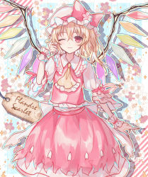 Rule 34 | 1girl, abandon ranka, ascot, blonde hair, bow, character name, flandre scarlet, floral background, hat, mob cap, one eye closed, red eyes, side ponytail, skirt, skirt set, smile, solo, sparkle, touhou, wings