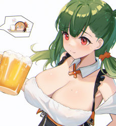 Rule 34 | 2girls, aer7o, alcohol, alternate costume, bare shoulders, beer, black hairband, blue eyes, breasts, cleavage, collar, collarbone, cup, dress, drunk, g28 (beer ranch) (girls&#039; frontline), g28 (girls&#039; frontline), girls&#039; frontline, glass, green hair, hair between eyes, hair ornament, hair ribbon, hairband, highres, holding, holding cup, kalina (girls&#039; frontline), large breasts, long hair, mole, mole on breast, multiple girls, official alternate costume, orange hair, red eyes, red ribbon, ribbon, short sleeves, side ponytail, smile, thick eyebrows, white background