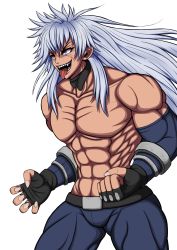 Rule 34 | 1boy, abs, bastard!!, blue eyes, commission, dark schneider, highres, large pectorals, long hair, male focus, muscular, muscular male, pectorals, sharp teeth, solo, teeth, tongue, tongue out, white hair